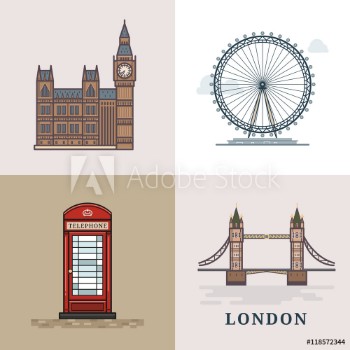Bild på Flat modern vector London the capital of Great Britain with Big Ben bridge telephone and London Eye Line art vector background